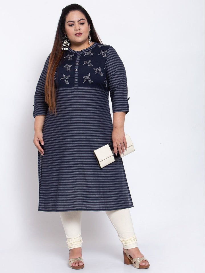 plusS Women Navy Blue Striped Kurta