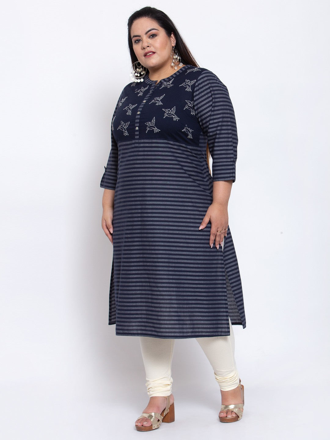 plusS Women Navy Blue Striped Kurta