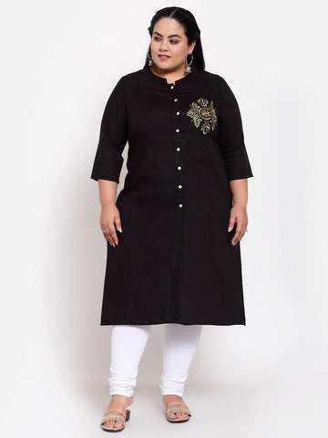 plusS Women Black Thread Work Kurta