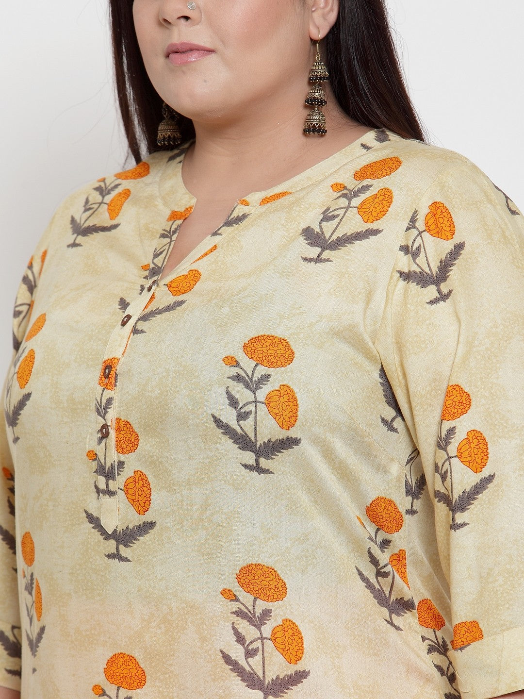 plusS Women Beige  Orange Floral Printed Straight Kurta