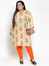 plusS Women Beige  Orange Floral Printed Straight Kurta