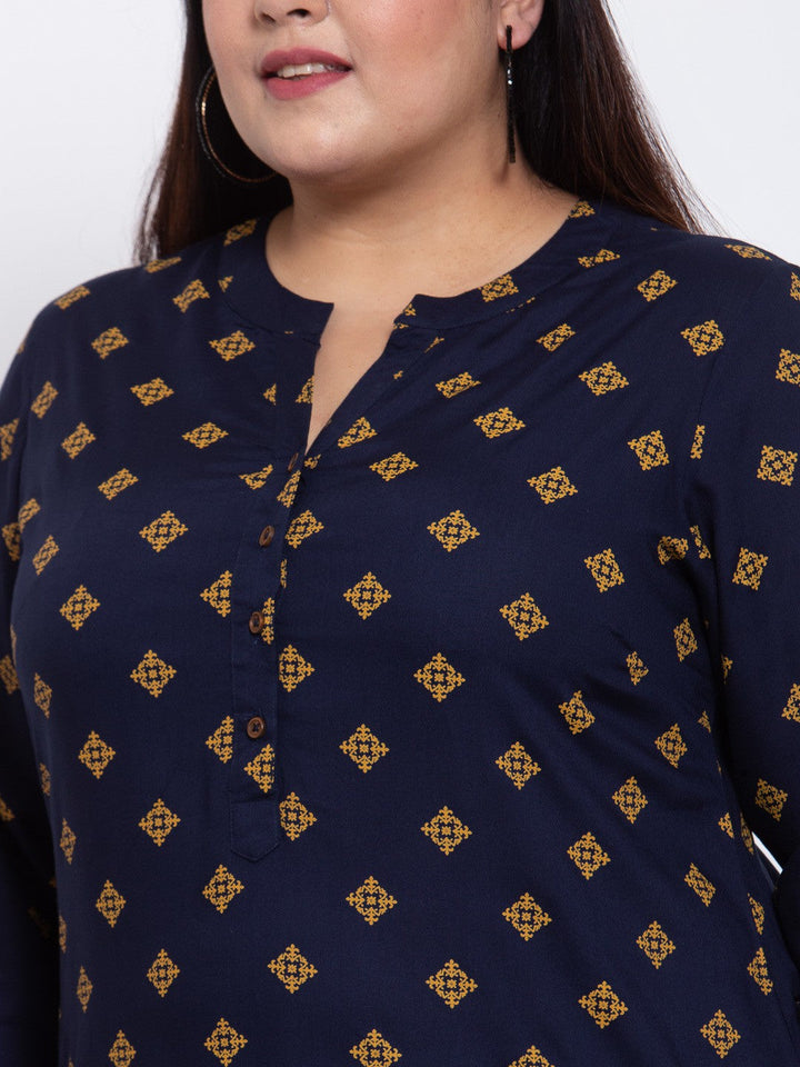 plusS Women Navy Blue Ethnic Motifs Printed Kurta