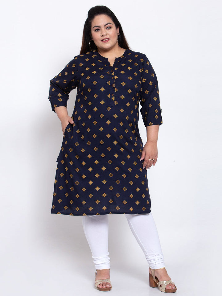 plusS Women Navy Blue Ethnic Motifs Printed Kurta