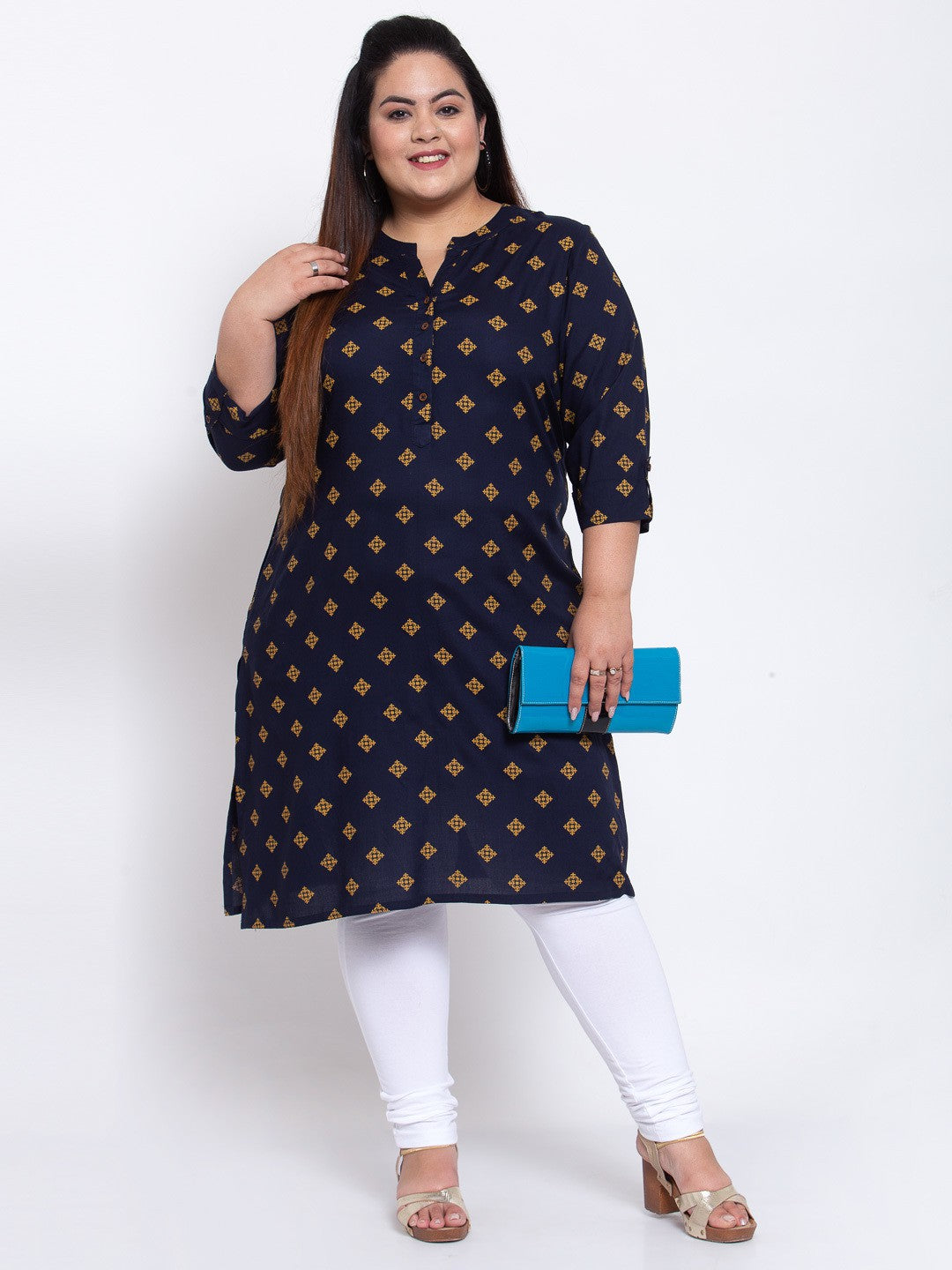 plusS Women Navy Blue Ethnic Motifs Printed Kurta