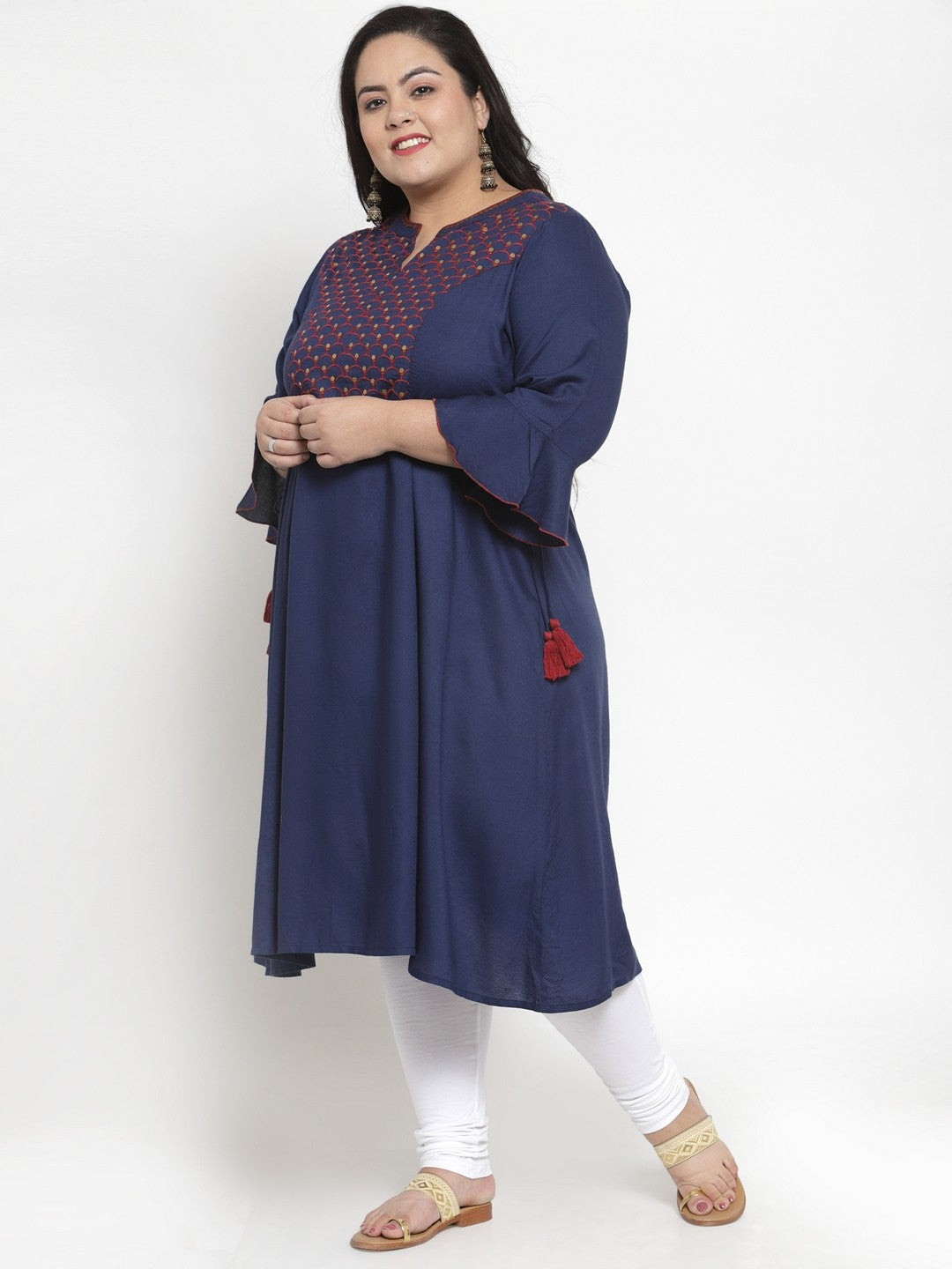 Navy Blue Embroidered A-Line Kurta