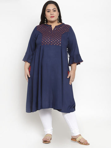 Navy Blue Embroidered A-Line Kurta