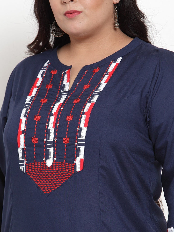 plusS Women Navy Blue  Red Yoke Design Straight Kurta