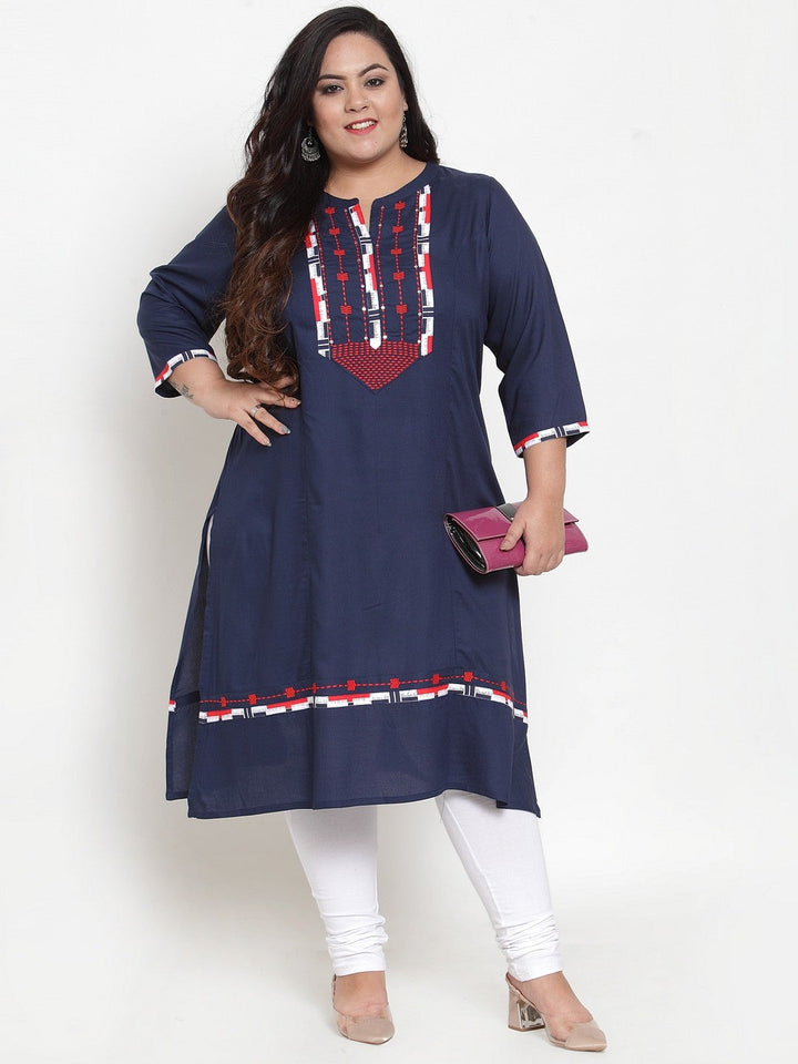 plusS Women Navy Blue  Red Yoke Design Straight Kurta