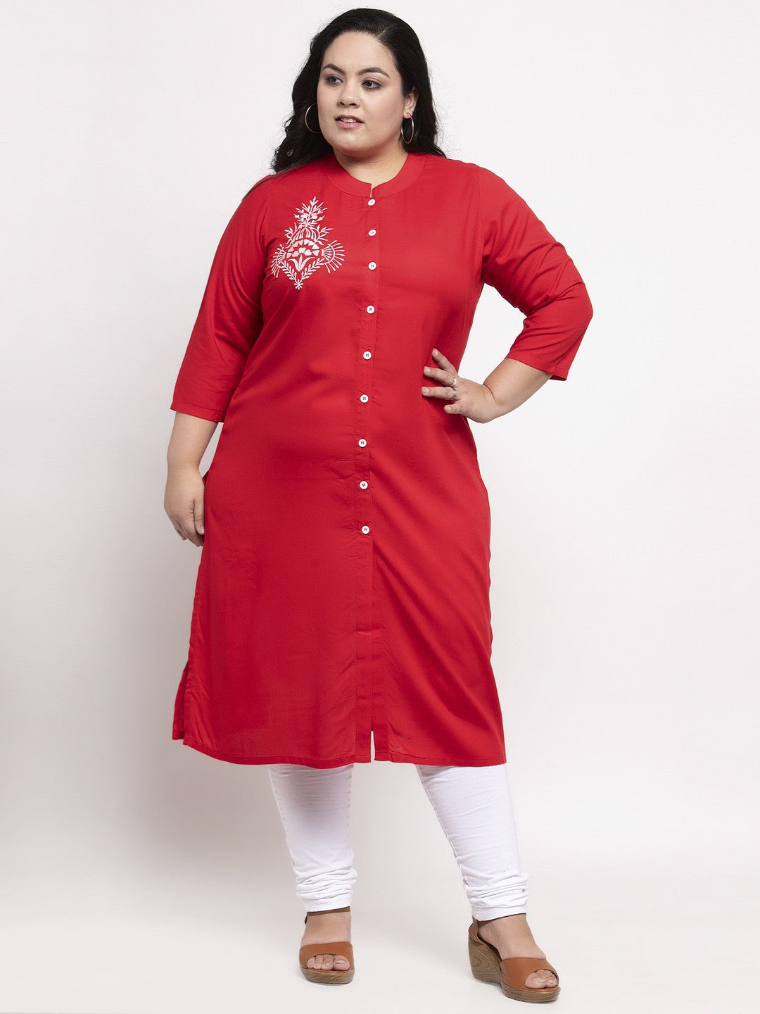 plusS Women Red Embroidered Straight Kurta