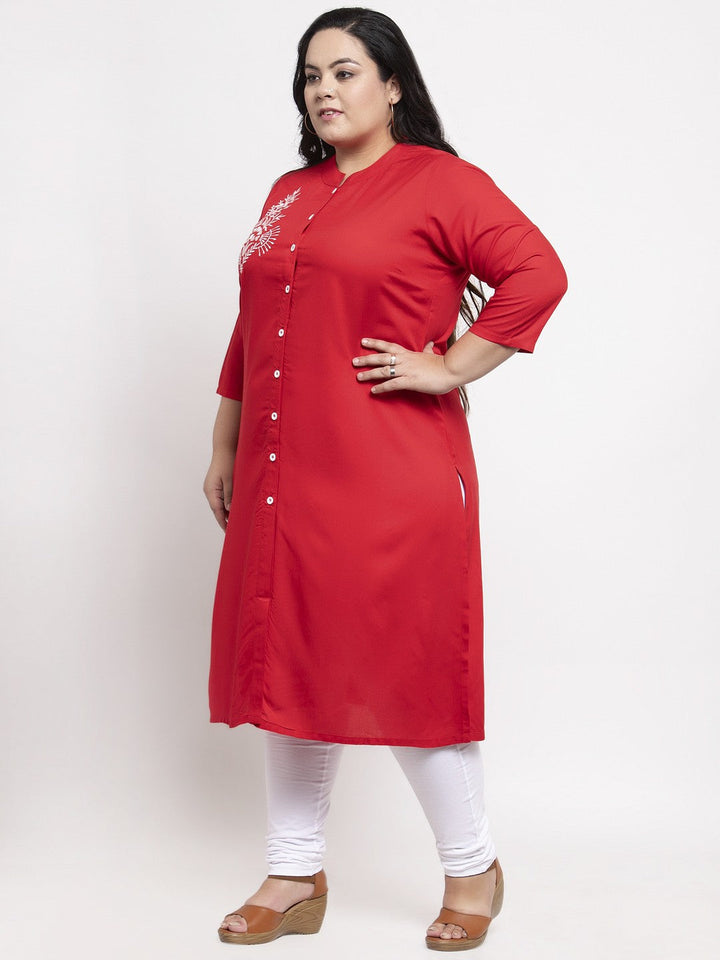 plusS Women Red Embroidered Straight Kurta