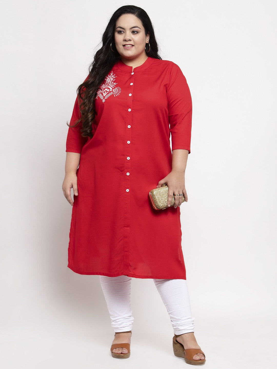 plusS Women Red Embroidered Straight Kurta