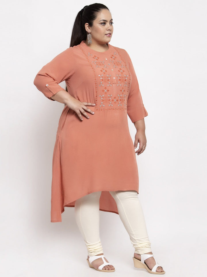 Peach-Coloured Embroidered Thread Work Kurta