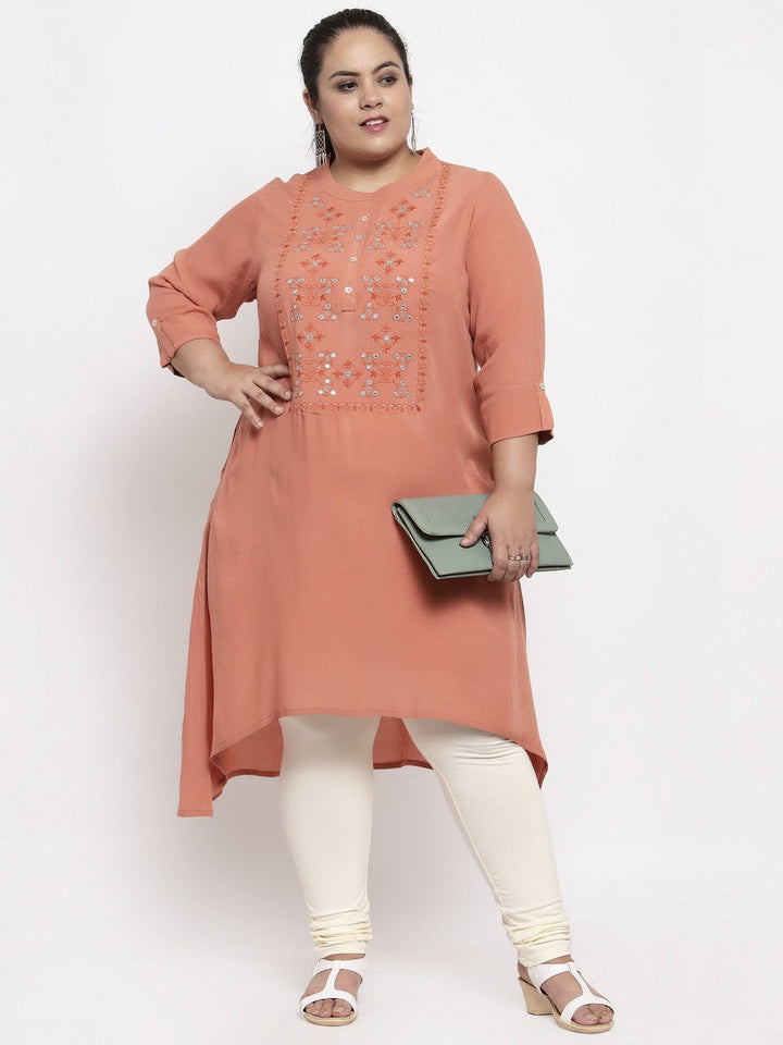 Peach-Coloured Embroidered Thread Work Kurta