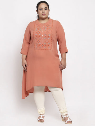 Peach-Coloured Embroidered Thread Work Kurta