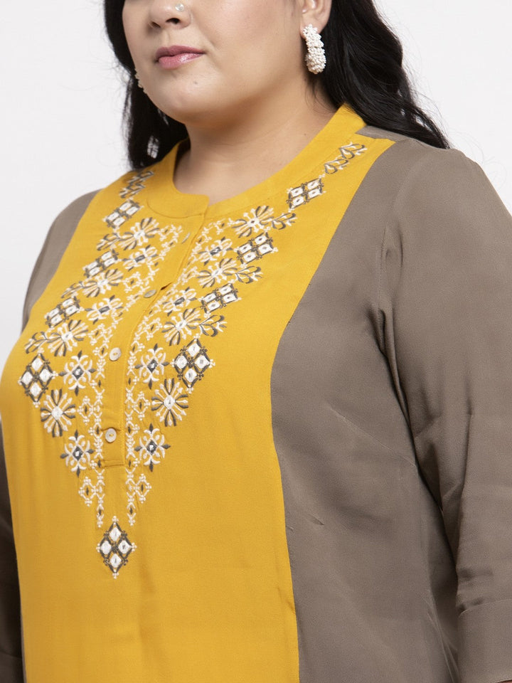 plusS Women Taupe  Yellow Embroidered Straight Kurta