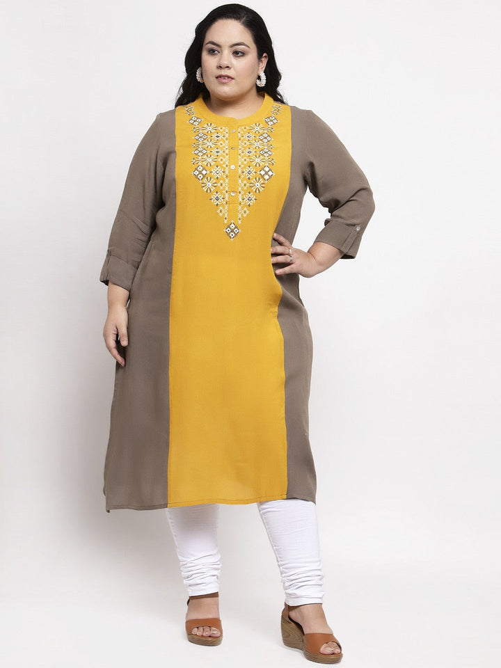 plusS Women Taupe  Yellow Embroidered Straight Kurta