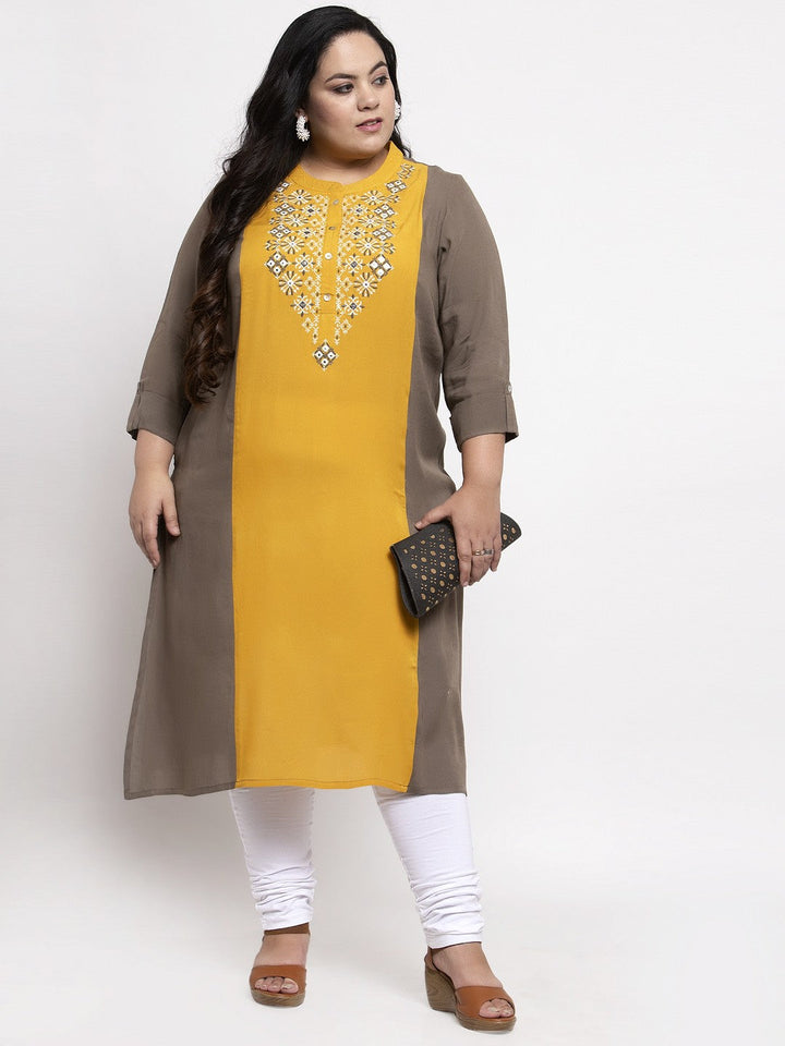 plusS Women Taupe  Yellow Embroidered Straight Kurta