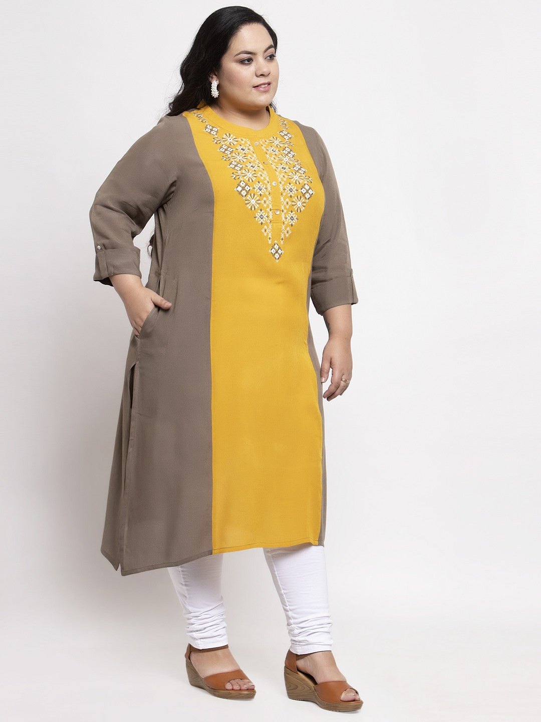 plusS Women Taupe  Yellow Embroidered Straight Kurta