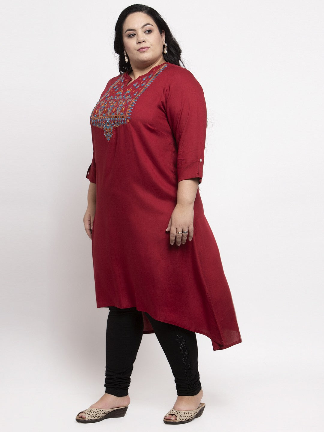 plusS Women Plus Size Maroon Yoke Design A-Line Kurta