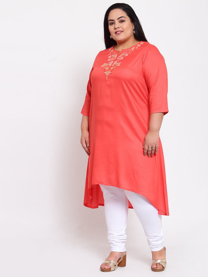 plusS Women Peach-Coloured Yoke Design Thread Work Kurta