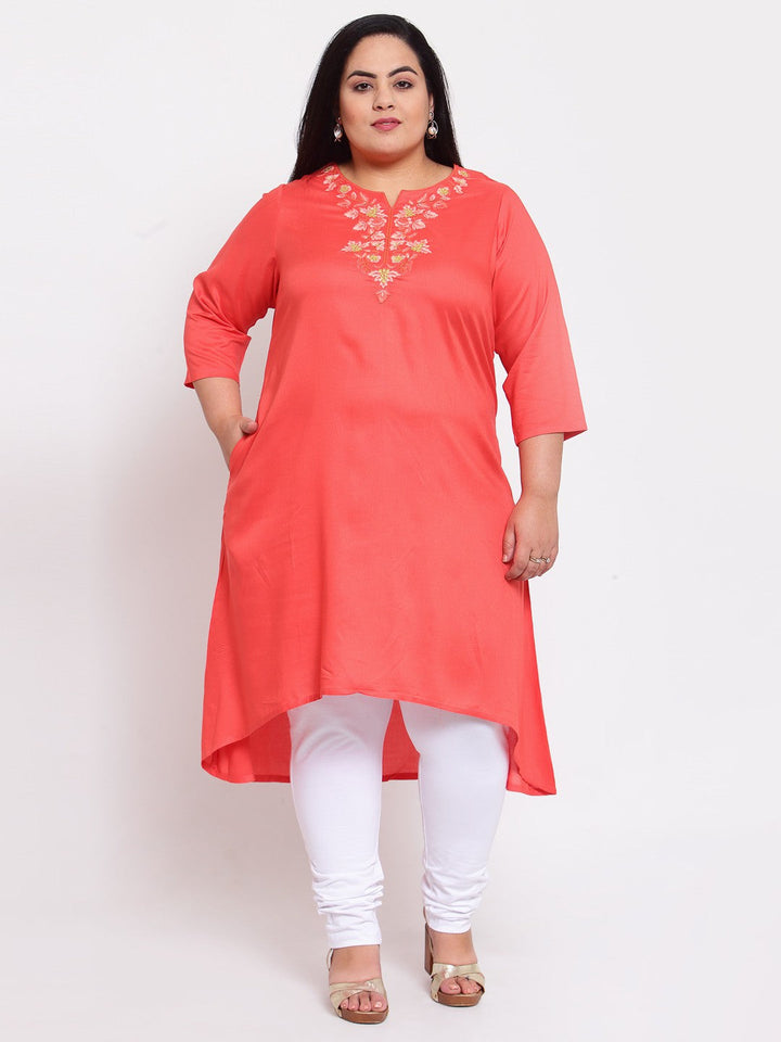 plusS Women Peach-Coloured Yoke Design Thread Work Kurta