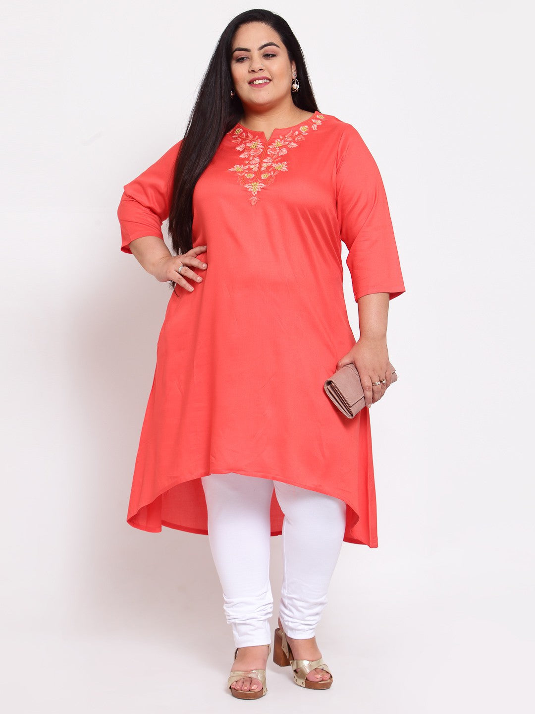 plusS Women Peach-Coloured Yoke Design Thread Work Kurta