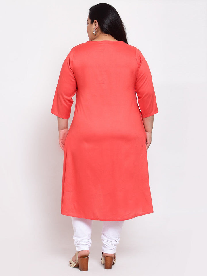 plusS Women Peach-Coloured Yoke Design Thread Work Kurta