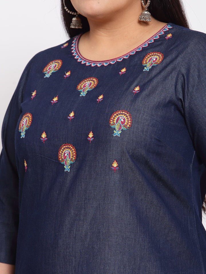 plusS Women Navy Blue Embroidered Kurta