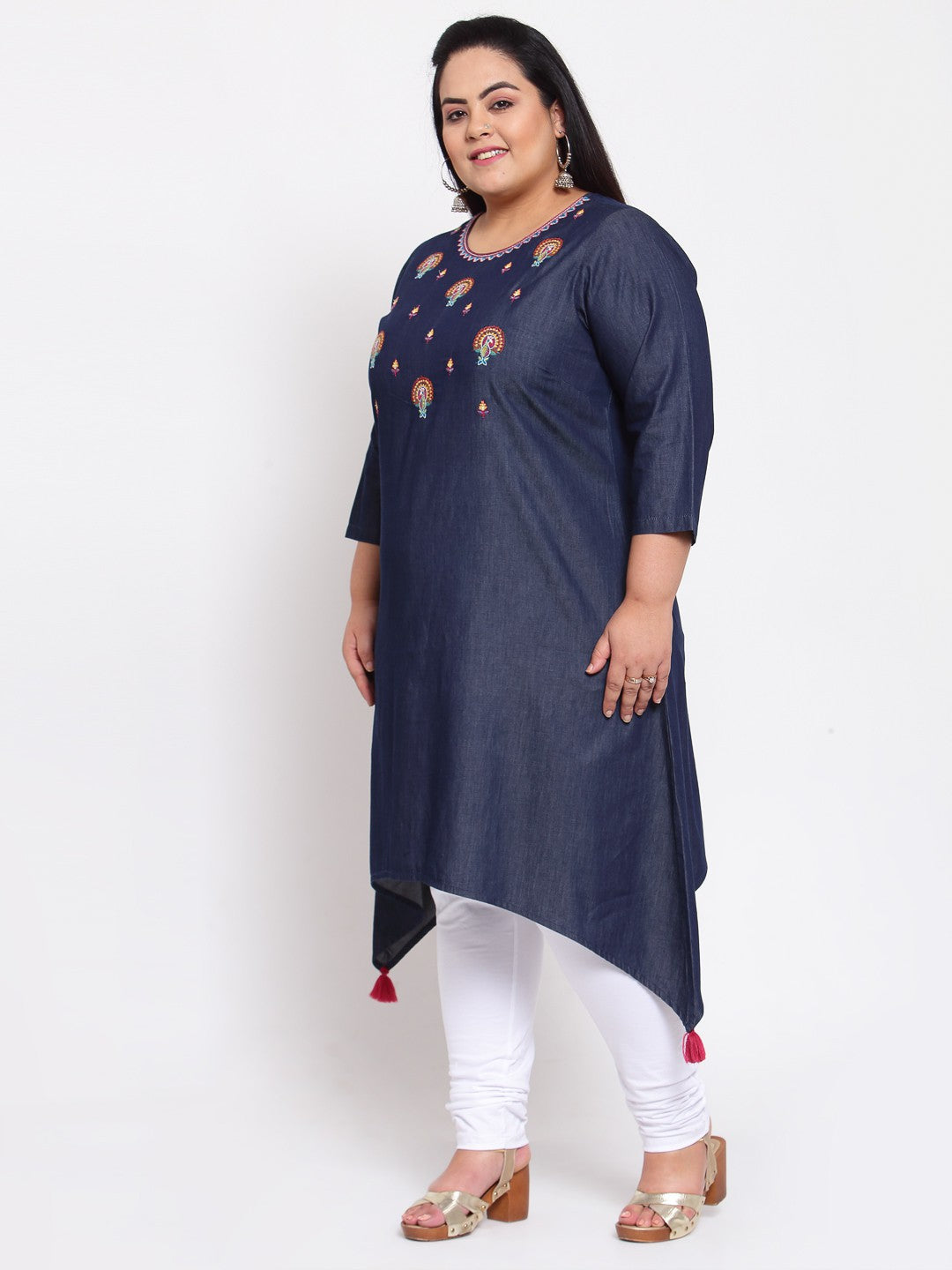 plusS Women Navy Blue Embroidered Kurta