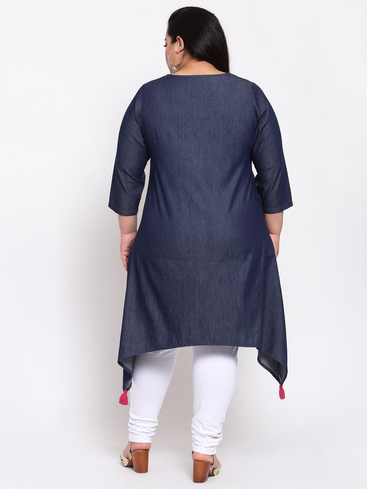 plusS Women Navy Blue Embroidered Kurta