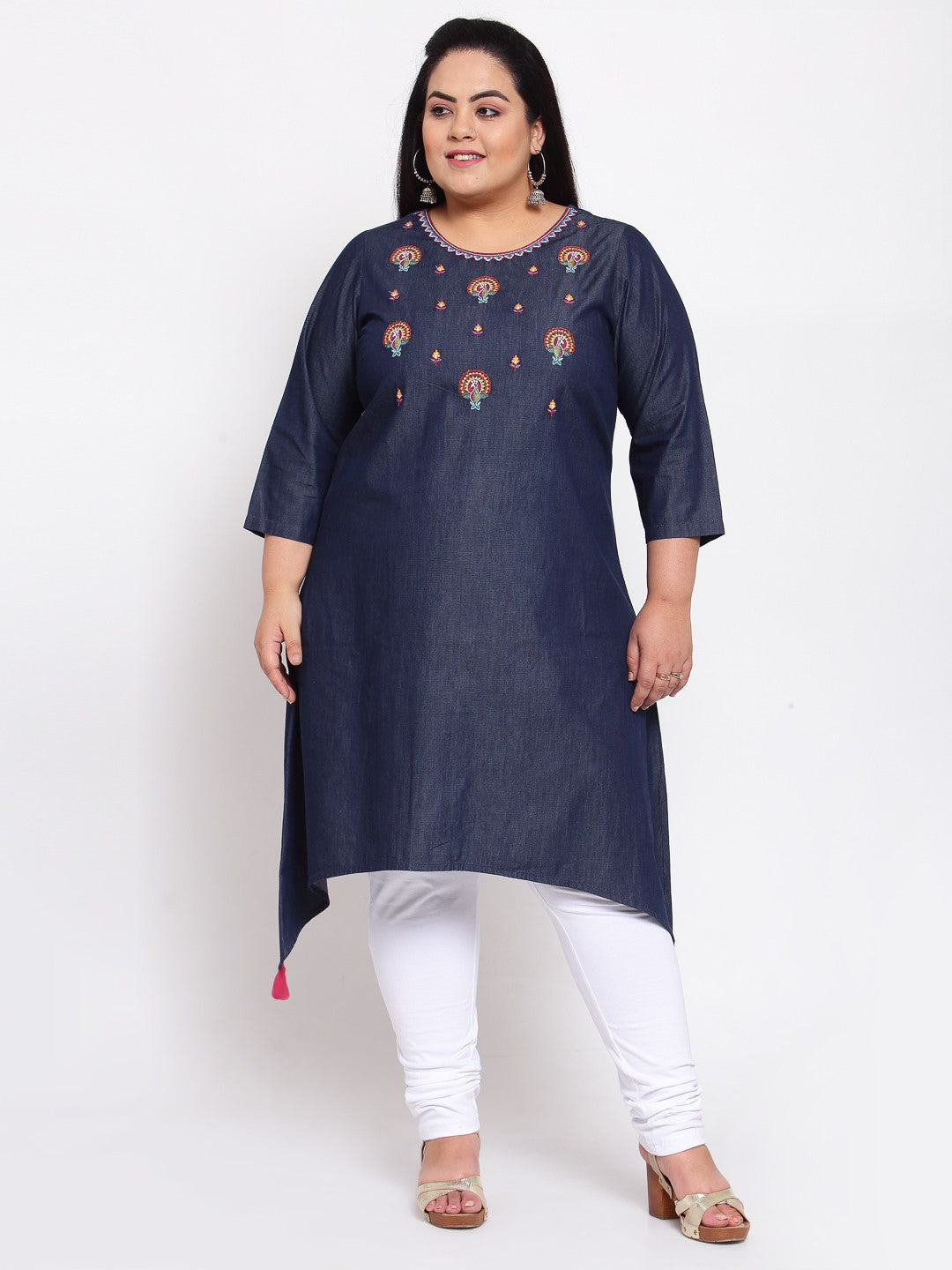 plusS Women Navy Blue Embroidered Kurta