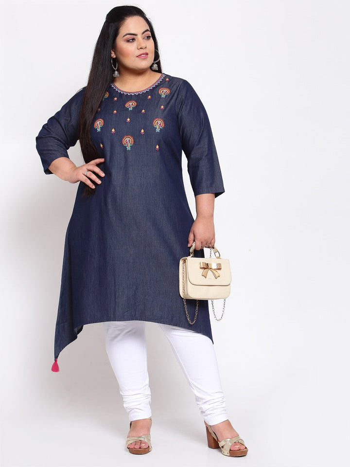 plusS Women Navy Blue Embroidered Kurta