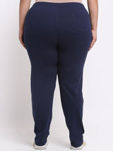 plusS Women Plus Size Navy Blue Typography Printed Mid Rise Cotton Track Pants