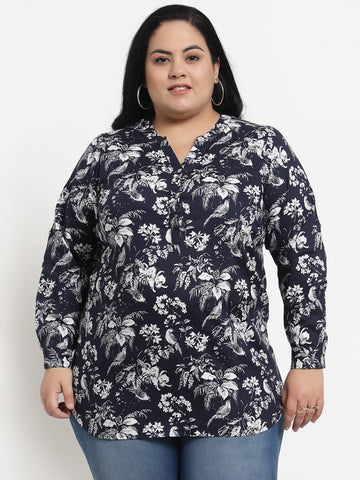 plusS Navy Blue Plusize Floral Print Mandarin Collar Top