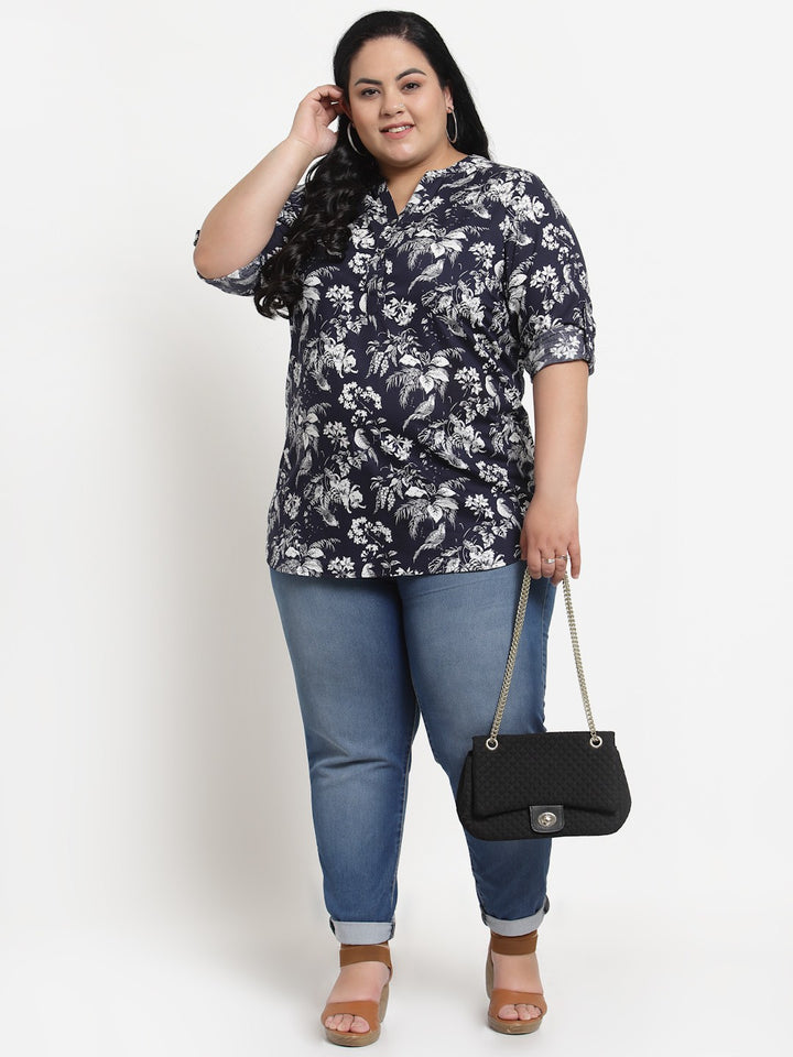 plusS Navy Blue Plusize Floral Print Mandarin Collar Top