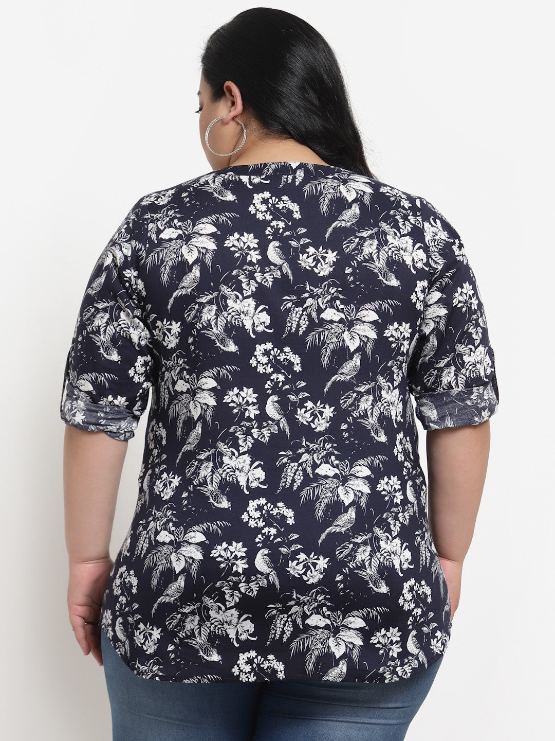 plusS Navy Blue Plusize Floral Print Mandarin Collar Top