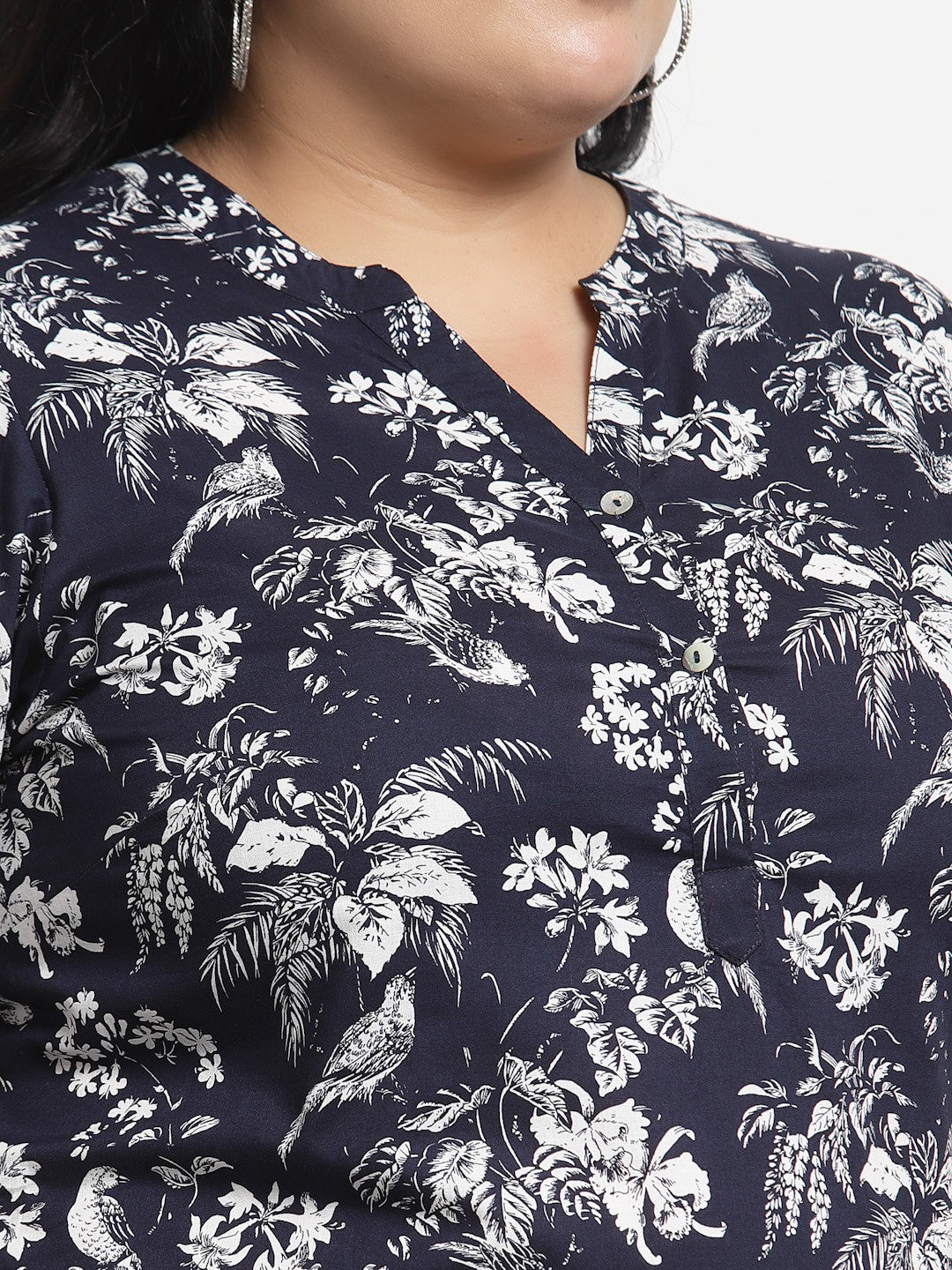 plusS Navy Blue Plusize Floral Print Mandarin Collar Top