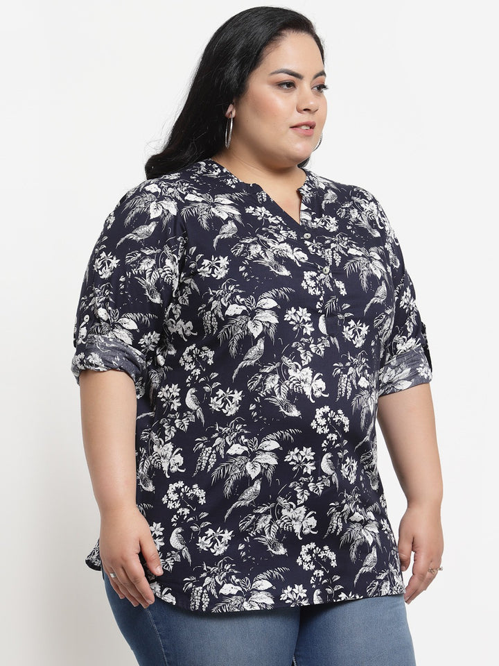 plusS Navy Blue Plusize Floral Print Mandarin Collar Top