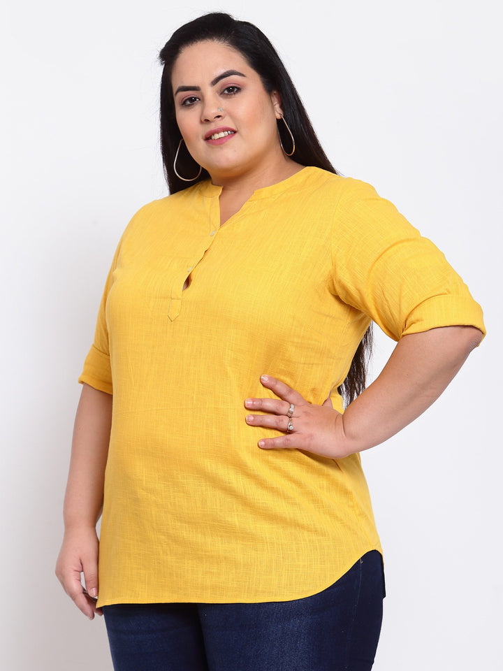 plusS Yellow Mandarin Collar Cotton Shirt Style Top