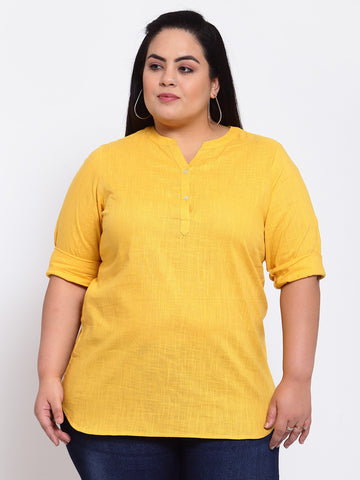 plusS Yellow Mandarin Collar Cotton Shirt Style Top