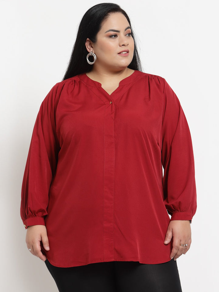 plusS Red Plusize Mandarin Collar Top