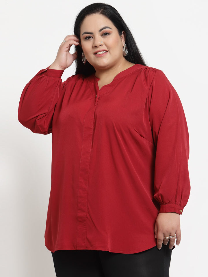 plusS Red Plusize Mandarin Collar Top