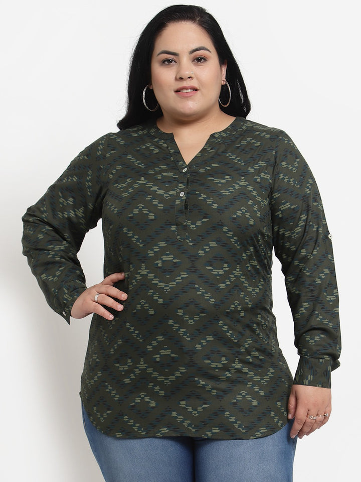 plusS Olive Green Floral Print Mandarin Collar Top