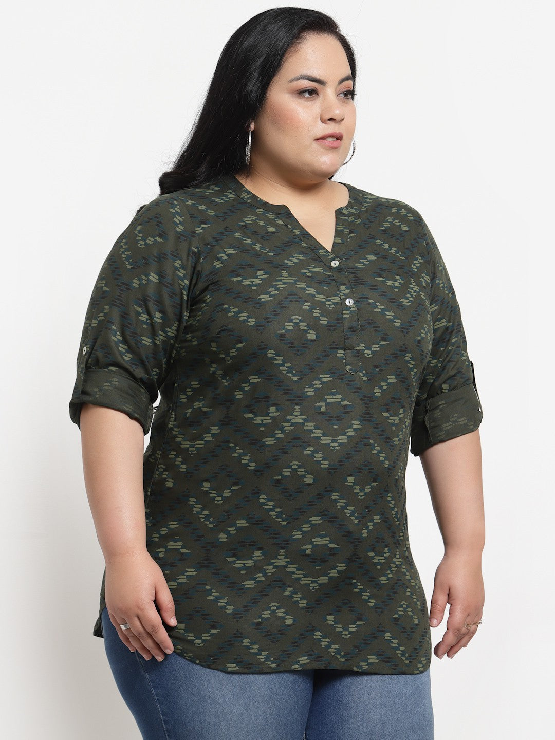 plusS Olive Green Floral Print Mandarin Collar Top