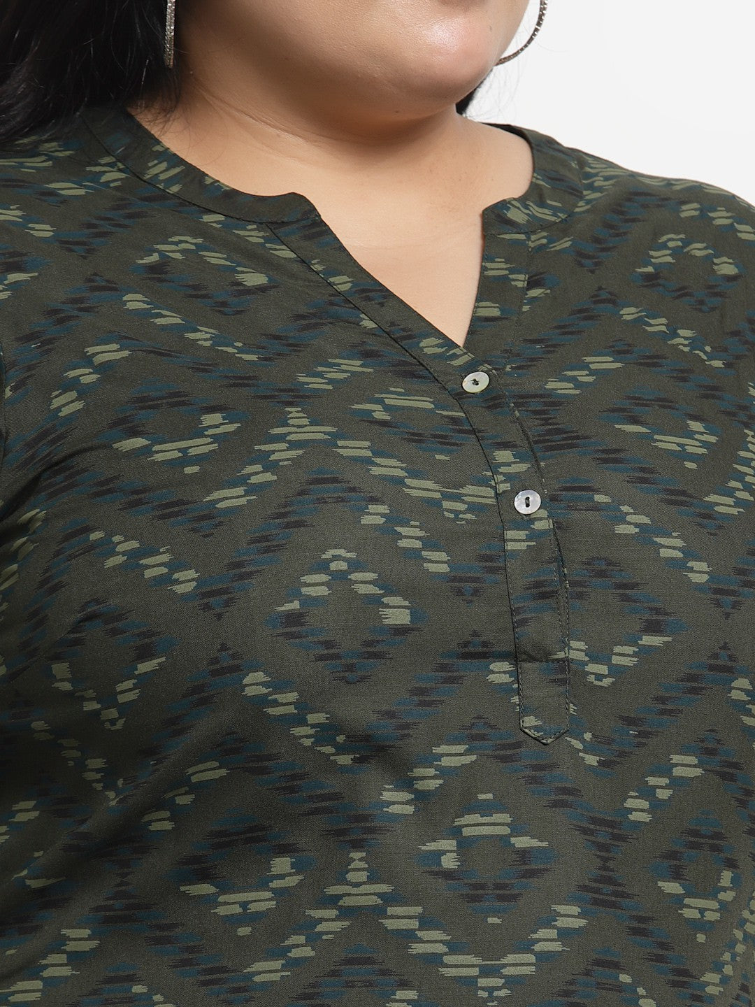 plusS Olive Green Floral Print Mandarin Collar Top