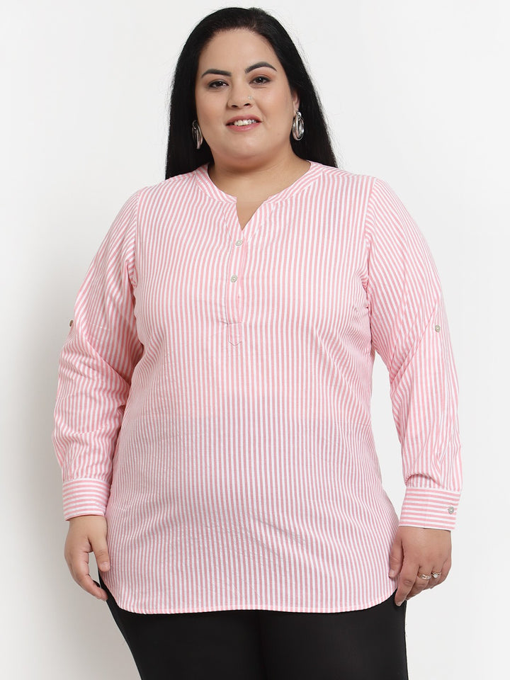 plusS Pink  White Striped Mandarin Collar Top