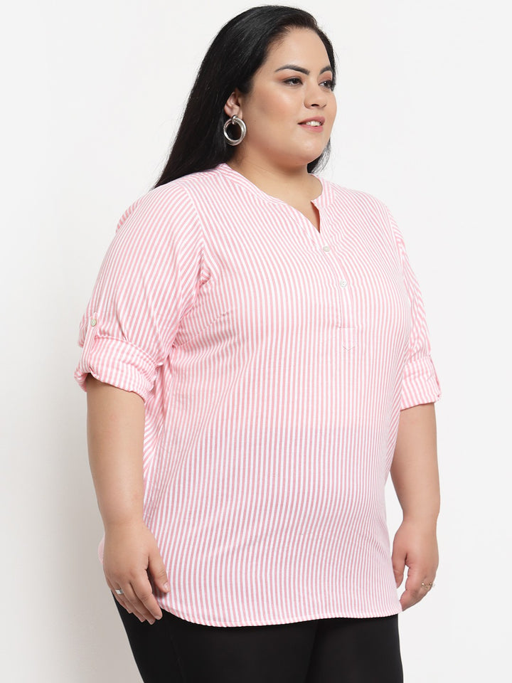 plusS Pink  White Striped Mandarin Collar Top