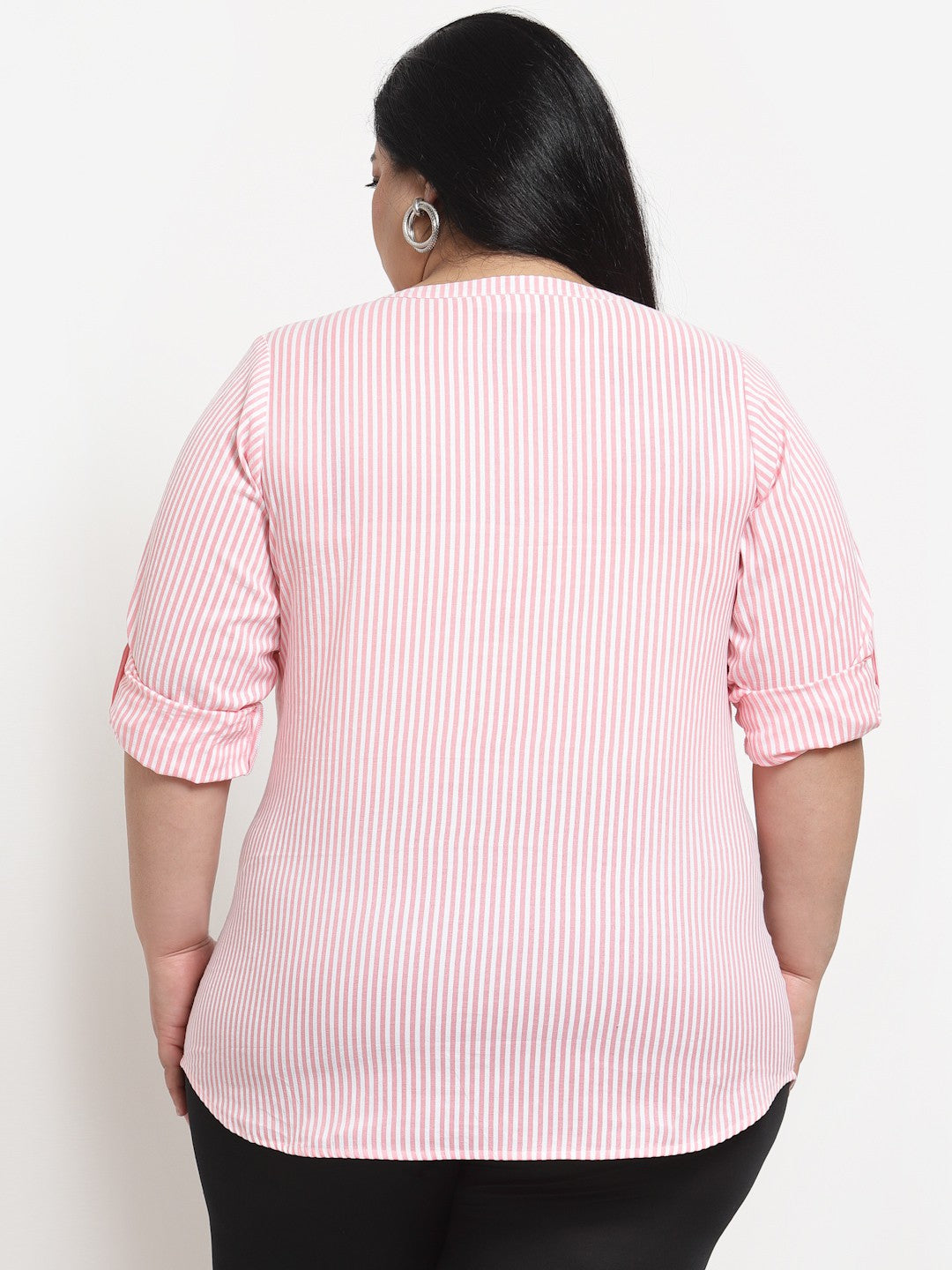 plusS Pink  White Striped Mandarin Collar Top