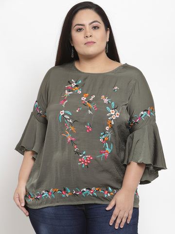 plusS Women Olive Green Embroidered Top