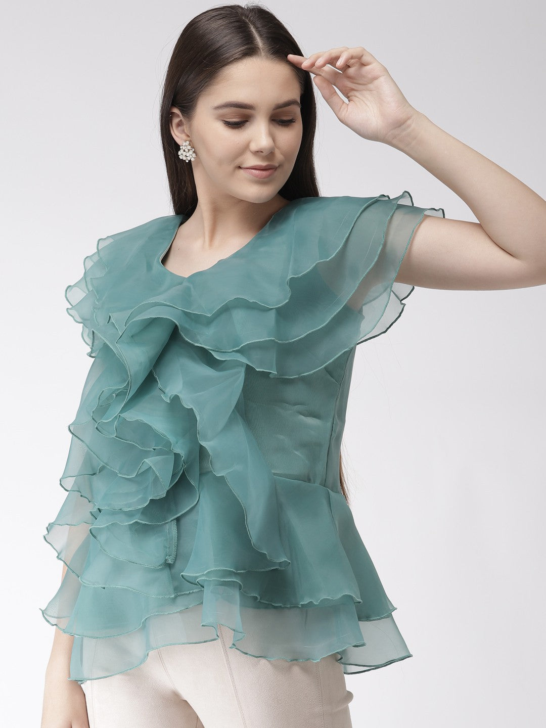 plusS Women Sea Green Solid Ruffled A-Line Top